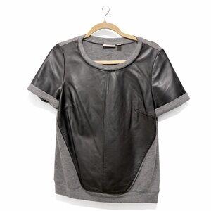Halogen Black Leather-Front Short Sleeve Top with Gray Knit